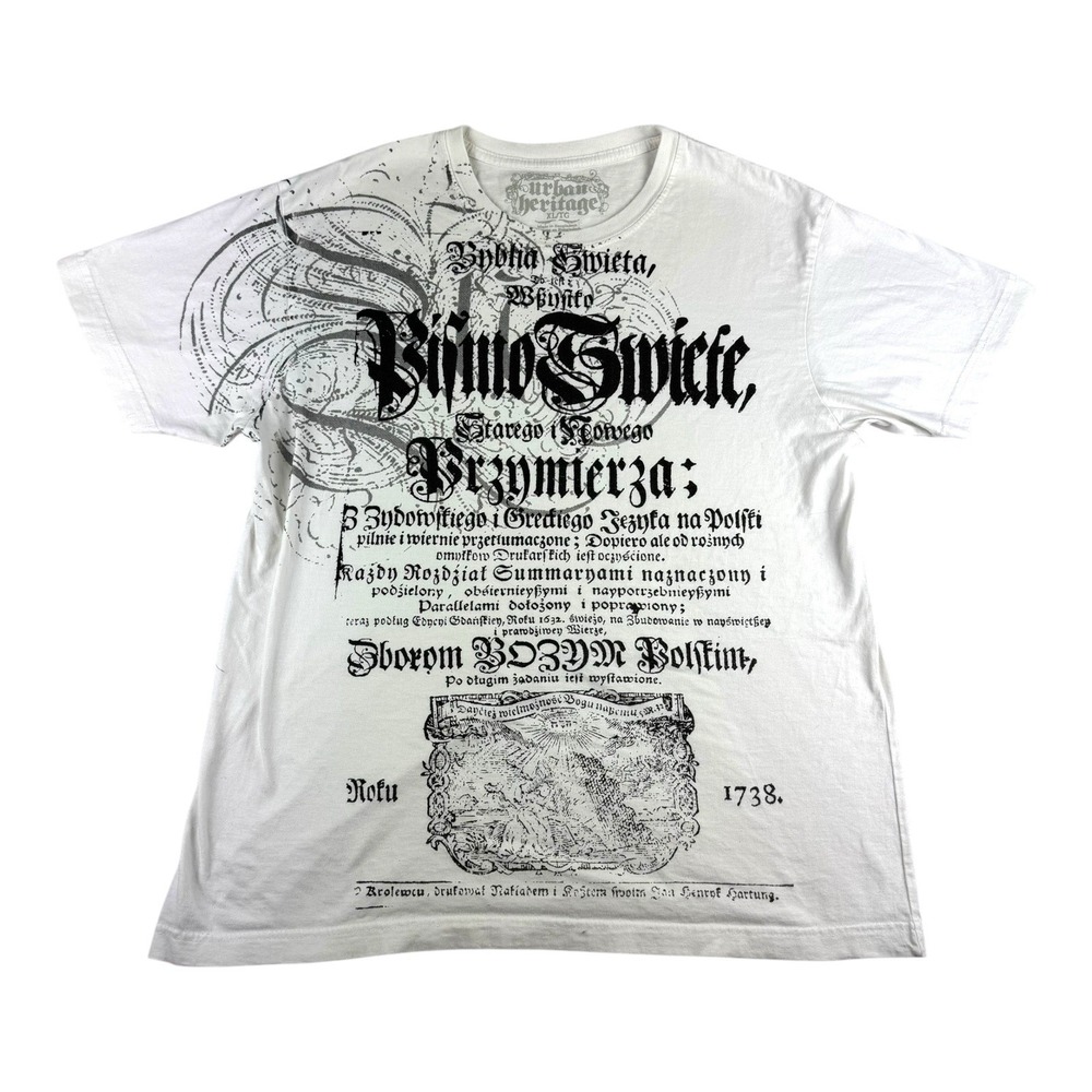 Vtg Y2K Urban Heritage Men's Large White All Over Print Gothic Spellout T-Shirt